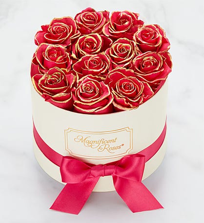 Magnificent Roses® Preserved Gold Kissed Hot Pink Roses 